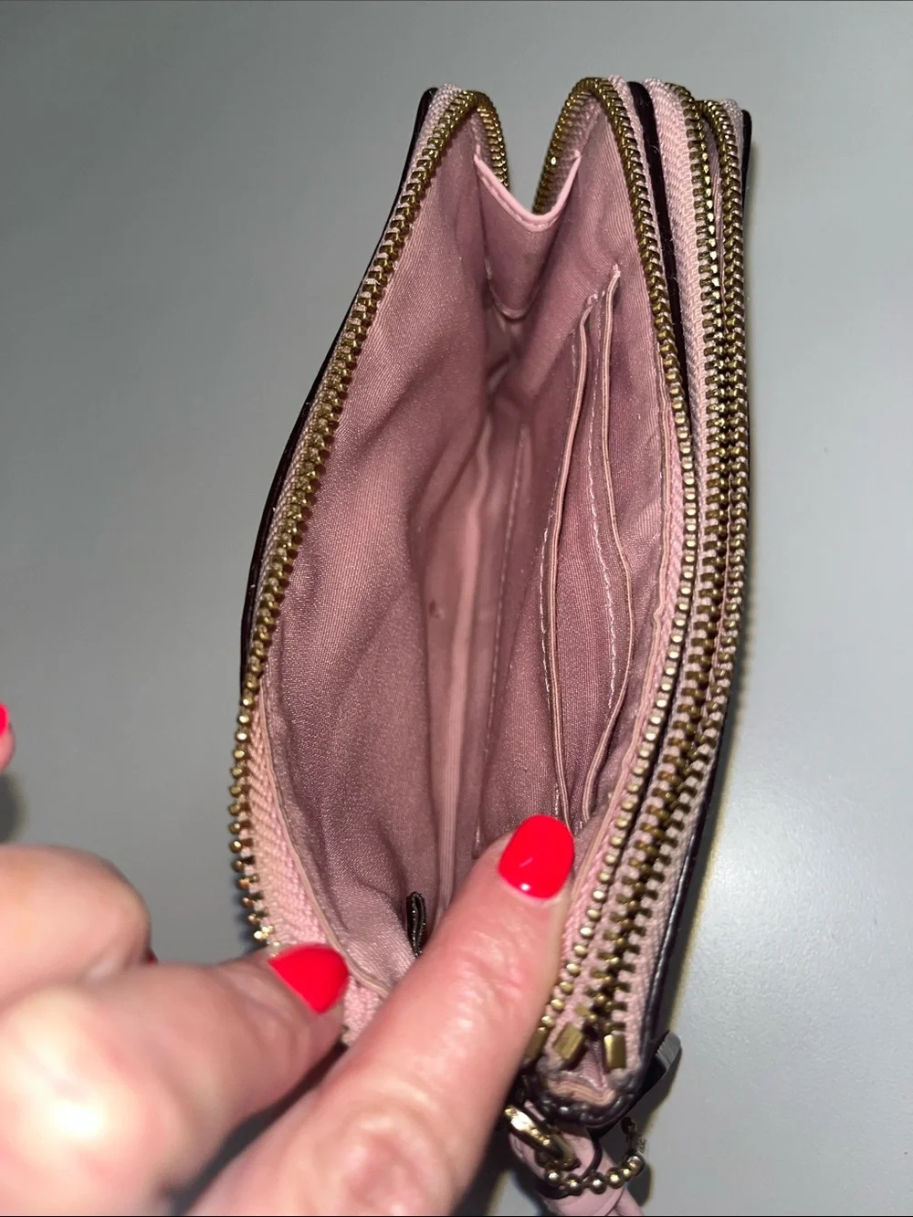 Coach Brown Signature Canvas Wristlet with Pink Trim